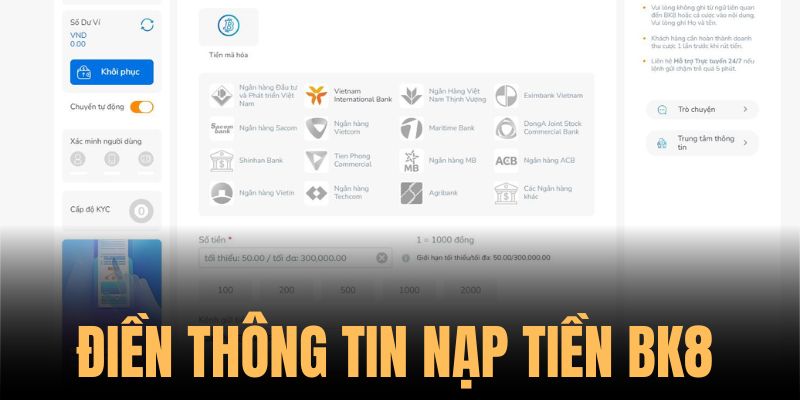 Điền thông tin nạp tiền BK8 theo đúng yêu cầu